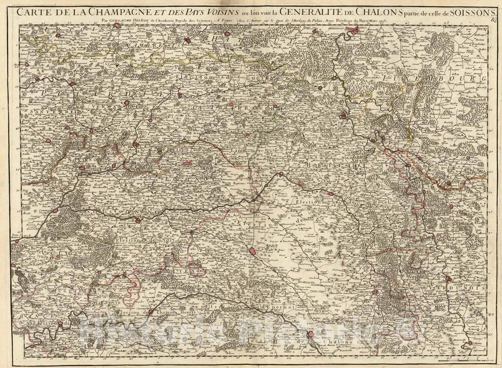 Historic Map : Champagne, Generalite de Chalons., 1713, Vintage Wall Art