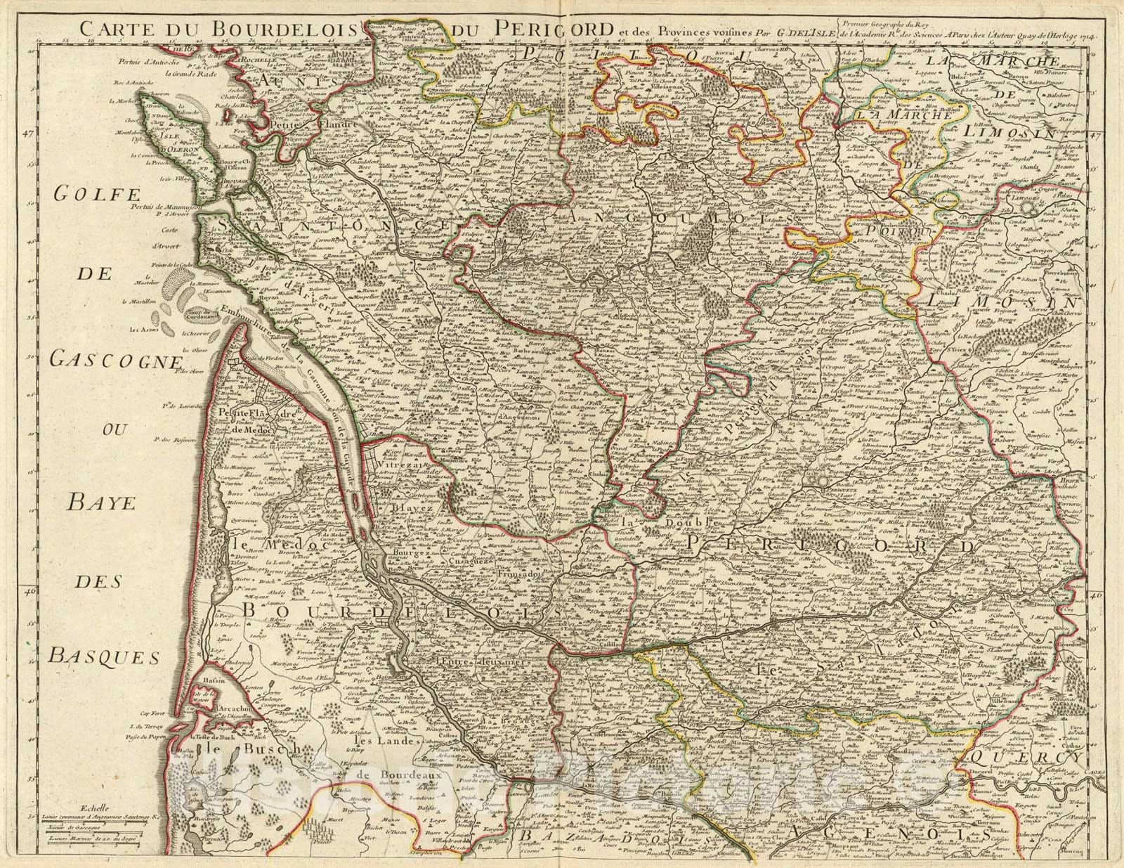 Historic Map : Bourdelois du Perigord., 1714, Vintage Wall Art
