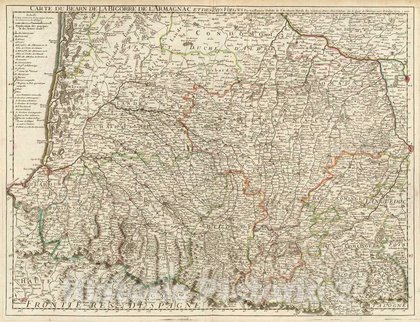 Historic Map : Bearn, Bigorre, Armagnac., 1712, Vintage Wall Art