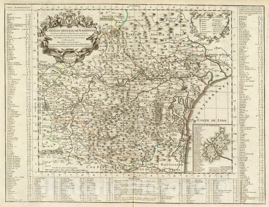 Historic Map : Diocese de Narbonne., 1704, Vintage Wall Art
