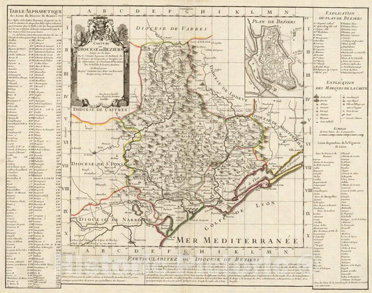 Historic Map : Diocese de Beziers., 1708, Vintage Wall Art