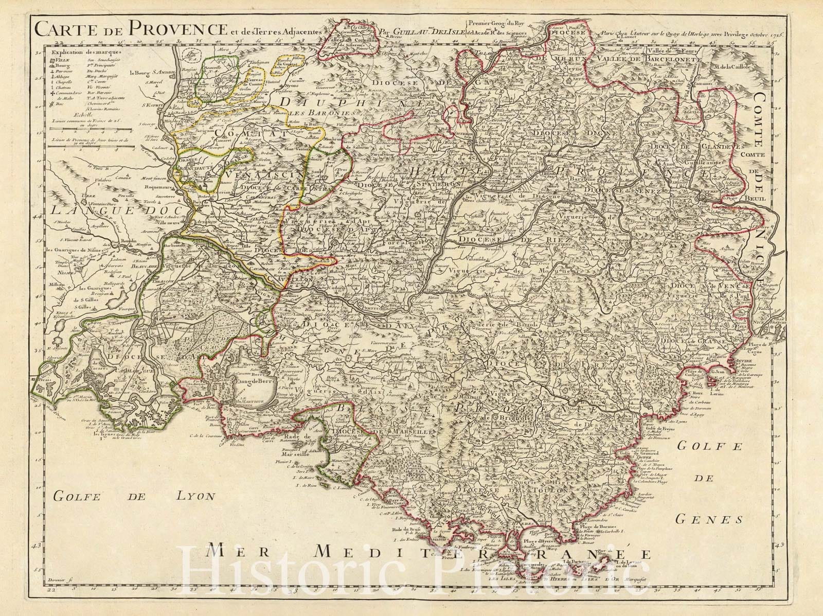 Provence and Adjacent Territories - Road Map, 1715 - Historical Map Print