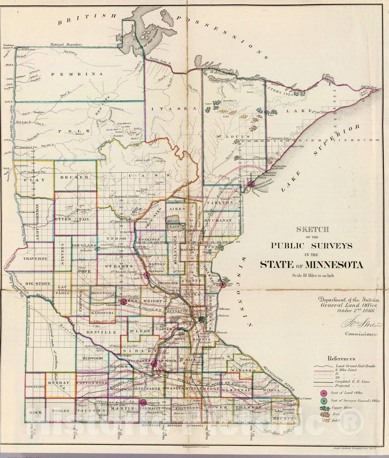 Historic Map : Minnesota., 1866, Vintage Wall Art