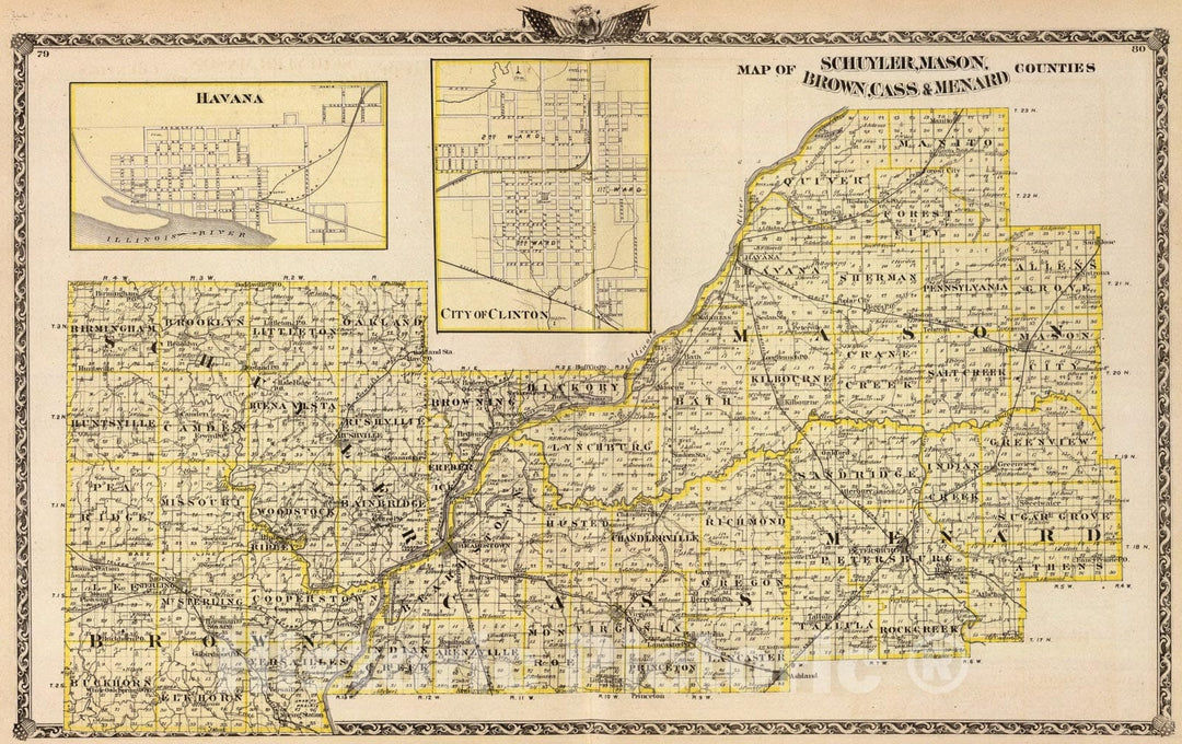 Historic Map : Map of Schuyler, Mason, Brown, Cass & Menard counties, Havana and Clinton., 1876, Vintage Wall Art