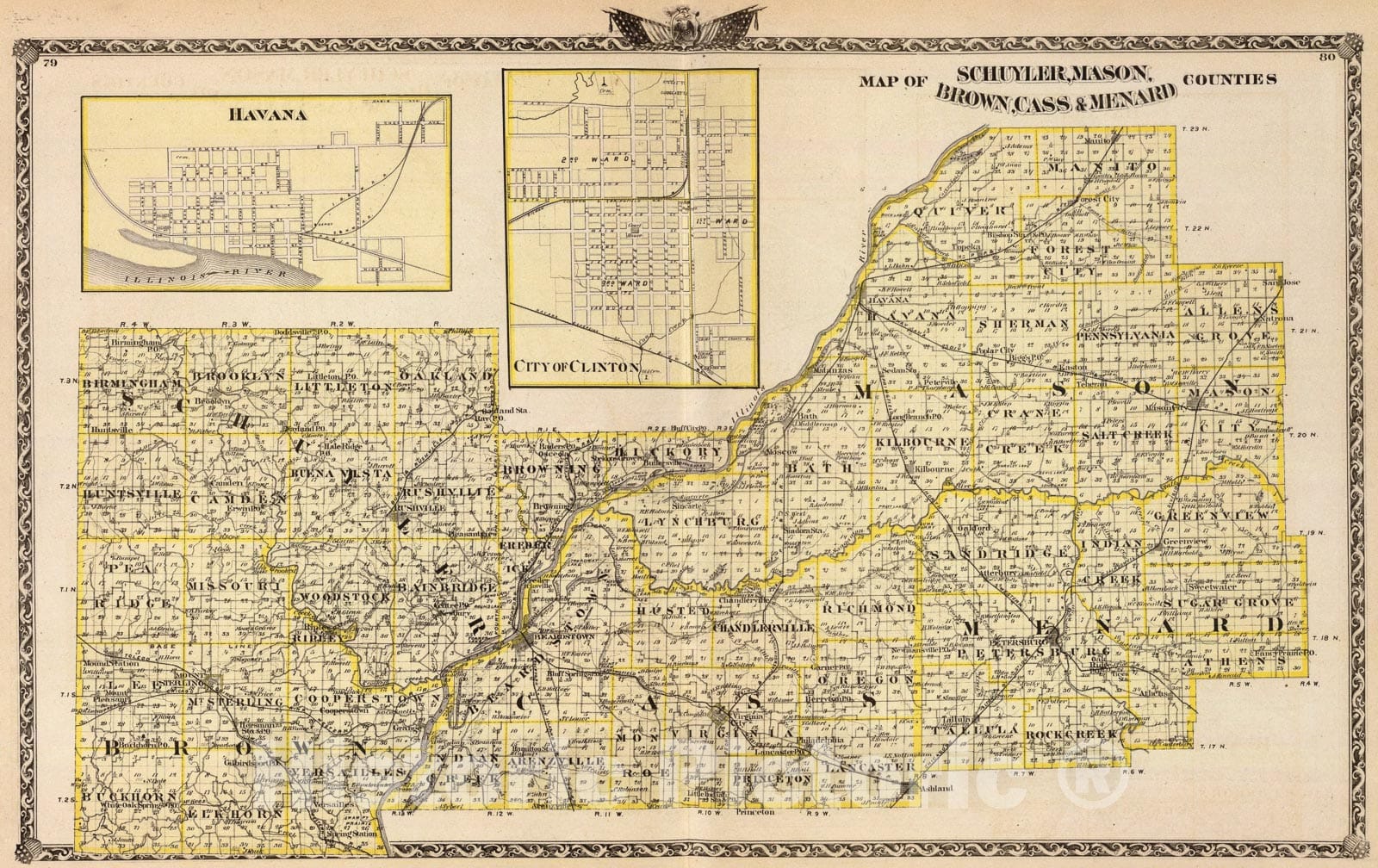 Historic Map : Map of Schuyler, Mason, Brown, Cass & Menard counties, Havana and Clinton., 1876, Vintage Wall Art