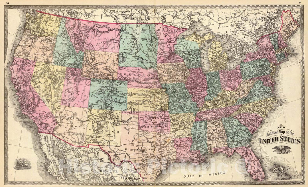 Historic Map : New rail road map of the United States., 1878, Vintage Wall Art