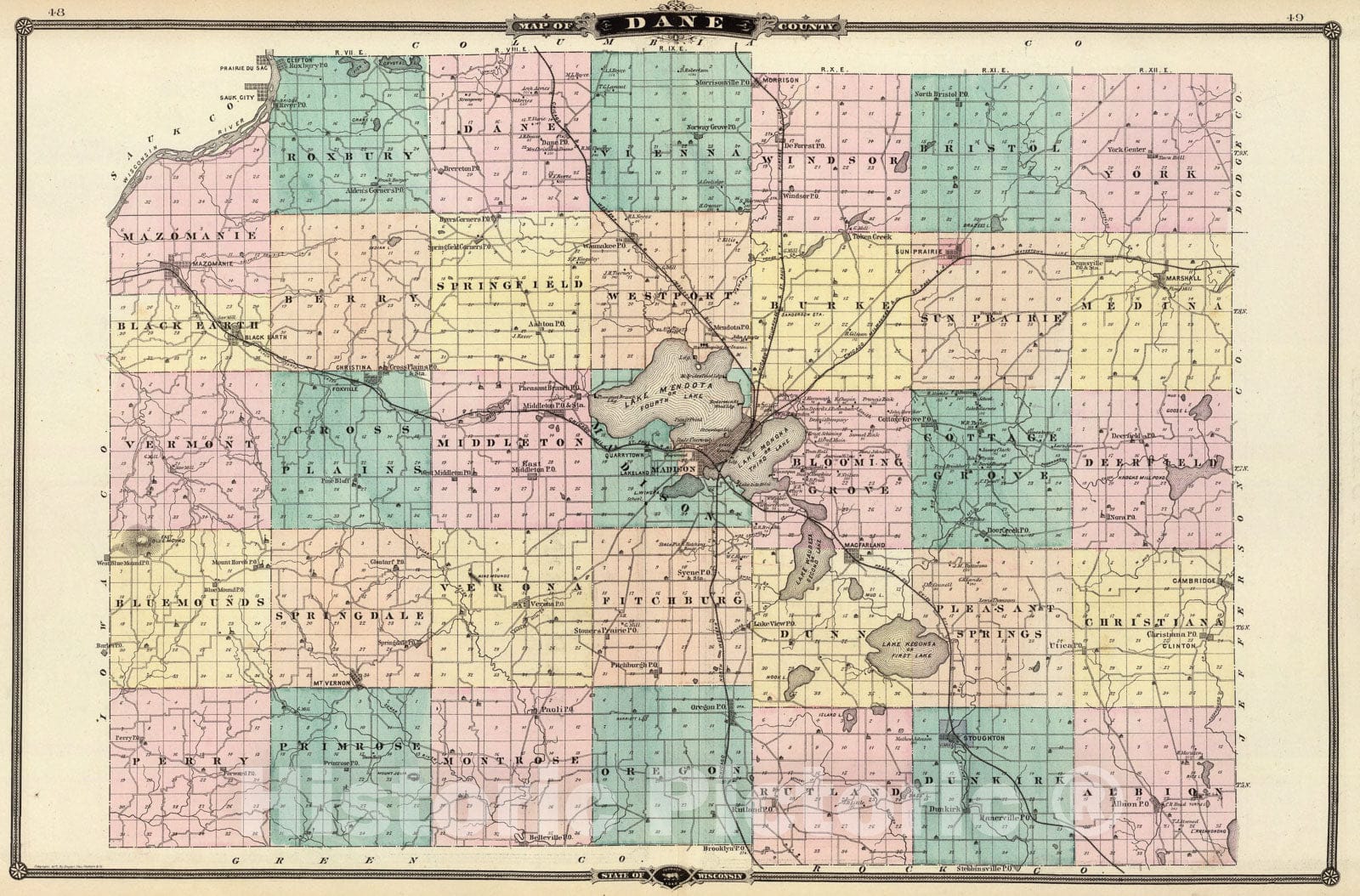 Historic Map : Map of Dane County, State of Wisconsin., 1878, Vintage Wall Art