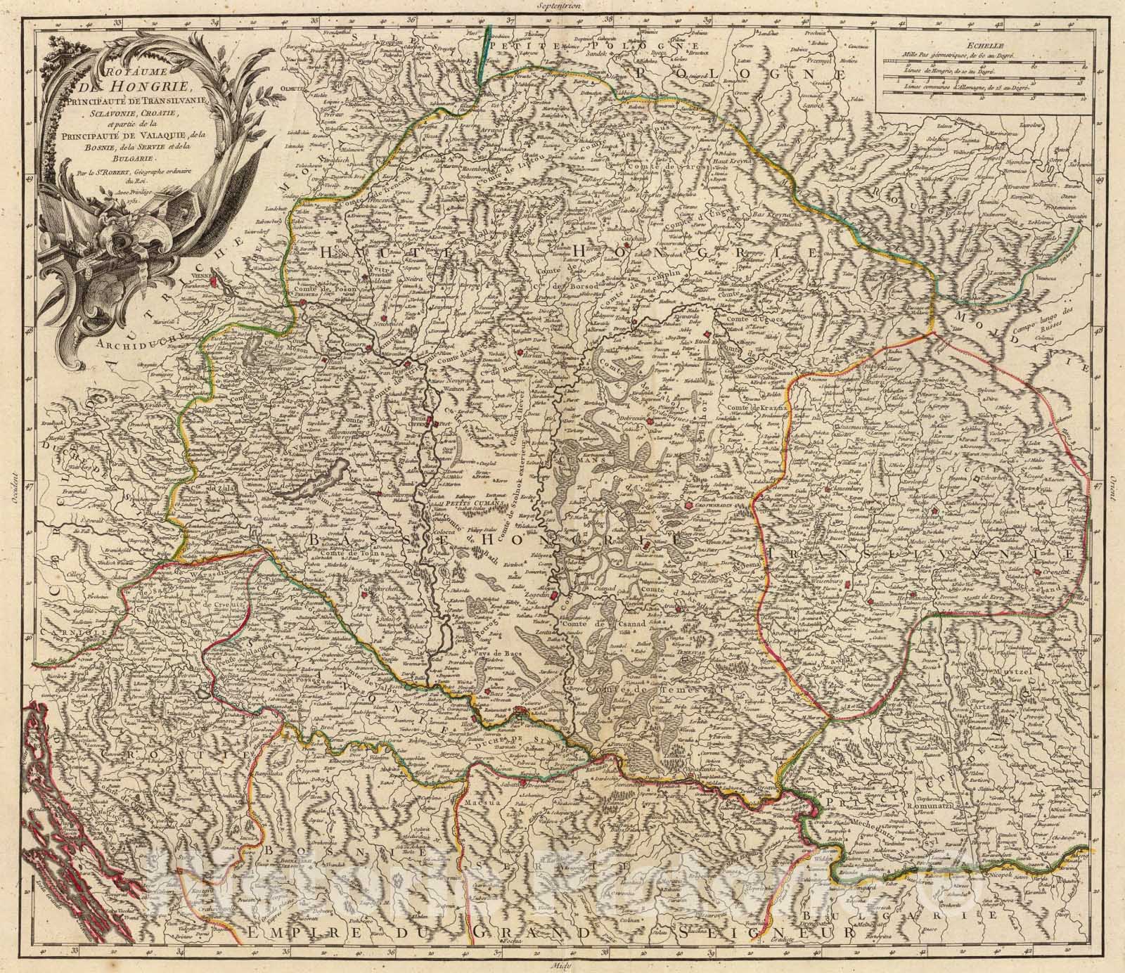 Historic Map : Hongrie, Transilvanie, Sclavonie, Croatie, Valaquie, Bosnie, Bulgarie., 1751, Vintage Wall Art