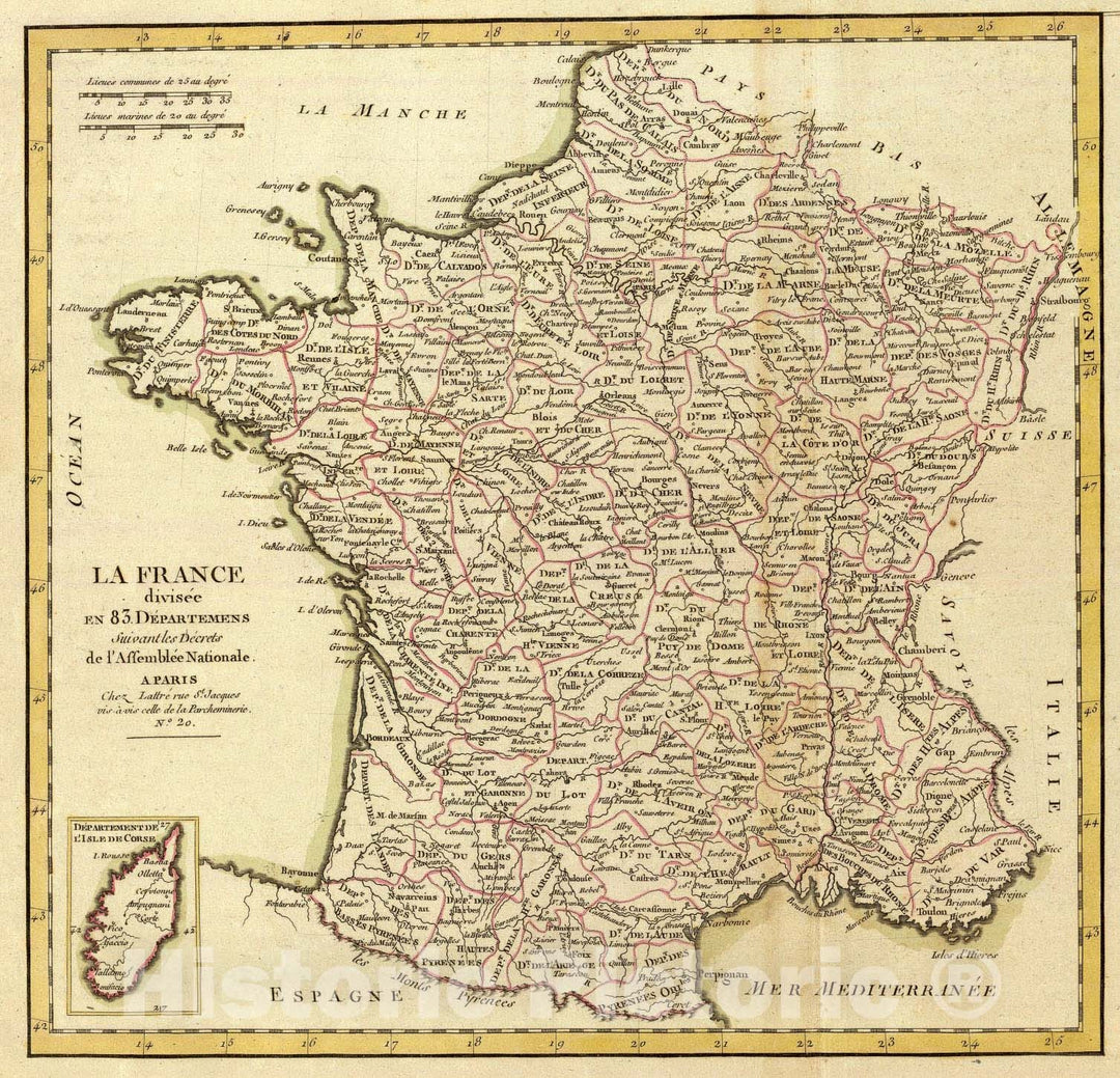 Historic Map : La France, departemens., 1791, Vintage Wall Art