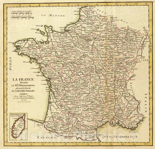 Historic Map : La France, departemens., 1791, Vintage Wall Art