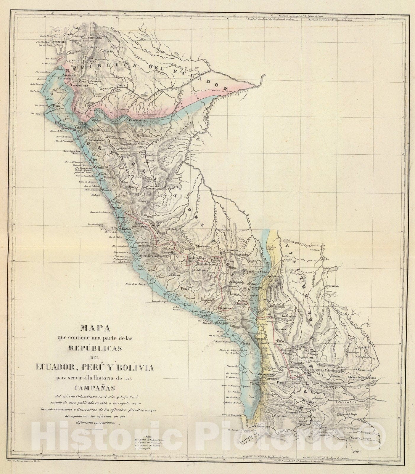 Historic Map : Mapa, Ecuador, Peru y Bolivia, 1826., 1840, Vintage Wall Art