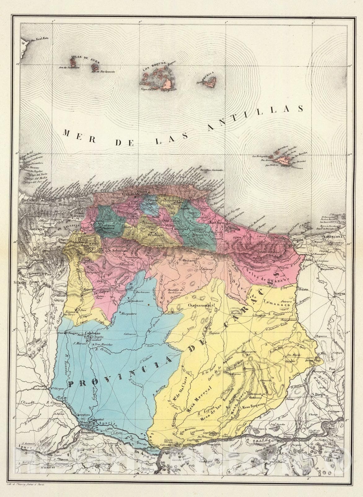 Historic Map : (La provincia de Caracas dividida por cantones), 1840, Vintage Wall Art