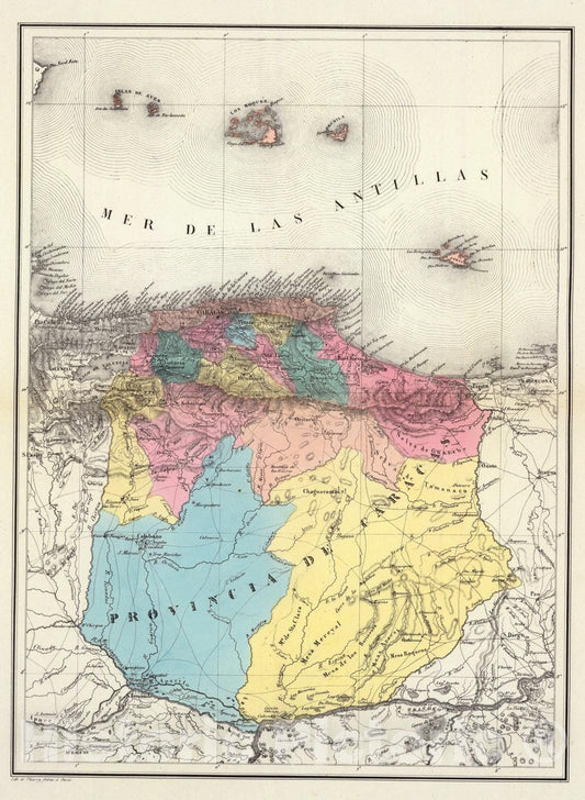 Historic Map : (La provincia de Caracas dividida por cantones), 1840, Vintage Wall Art