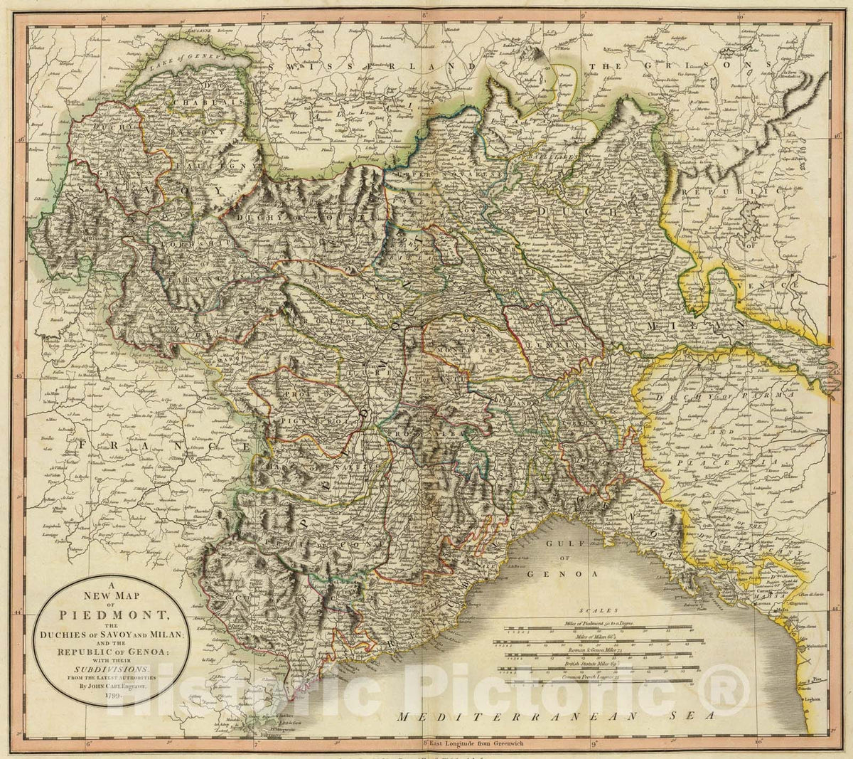 Historic Map : Piedmont, Savoy, Milan, Genoa., 1799, Vintage Wall Art