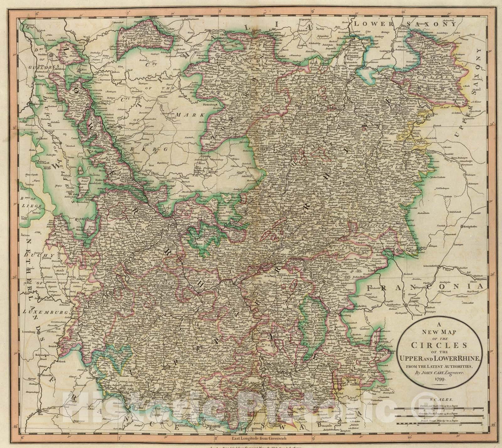 Historic Map : Upper, Lower Rhine circles., 1799, Vintage Wall Art