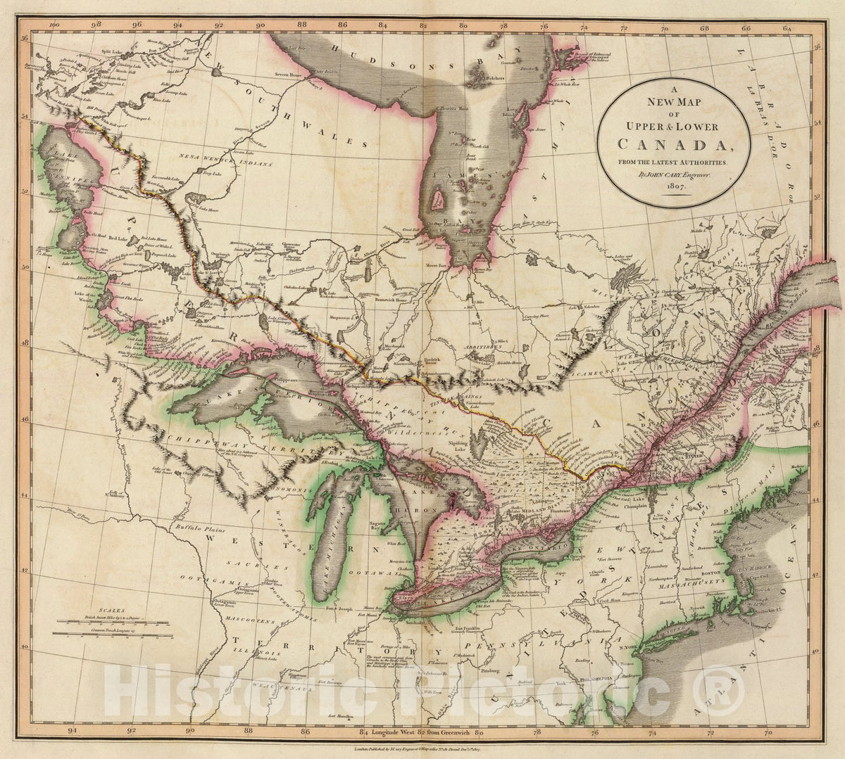 Historic Map : Upper & Lower Canada., 1807, Vintage Wall Art