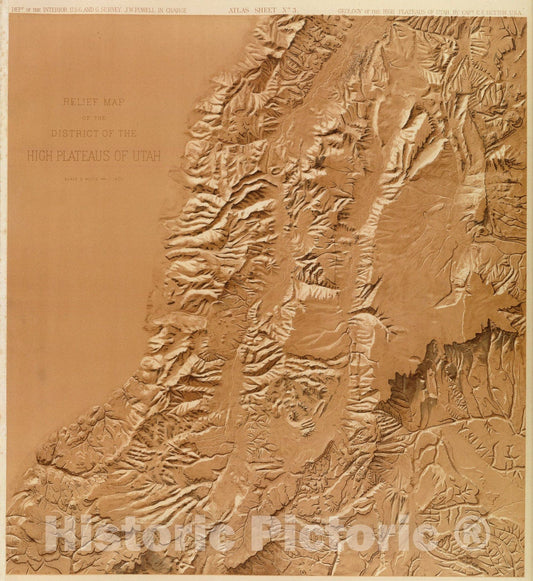 Historic Map : Relief map of the district of the high plateaus of Utah., 1879, Vintage Wall Art