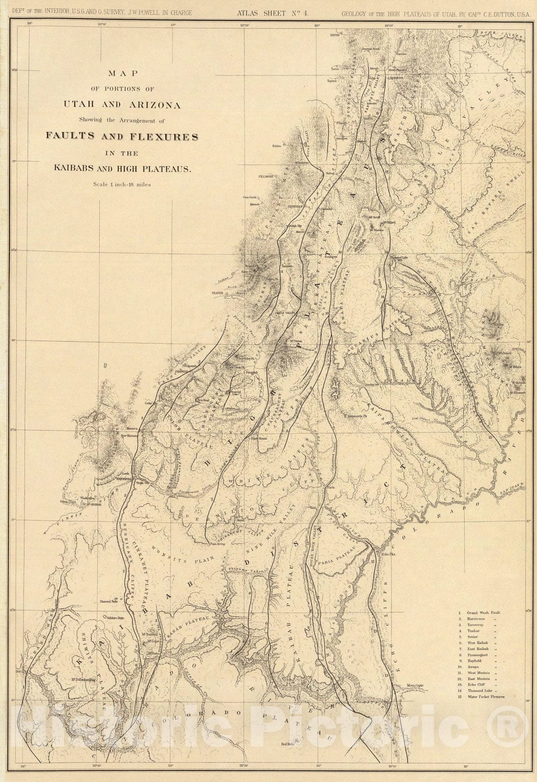 Historic Map : Map of portions of Utah and Arizona showing ... faults and flexures ..., 1879, Vintage Wall Art