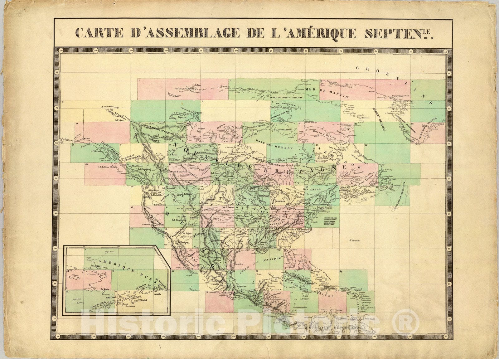 Historic Map : Carte d'assemblage de l'Amerique Septenle., 1827, Vintage Wall Art