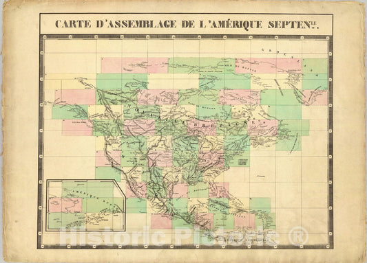 Historic Map : Carte d'assemblage de l'Amerique Septenle., 1827, Vintage Wall Art