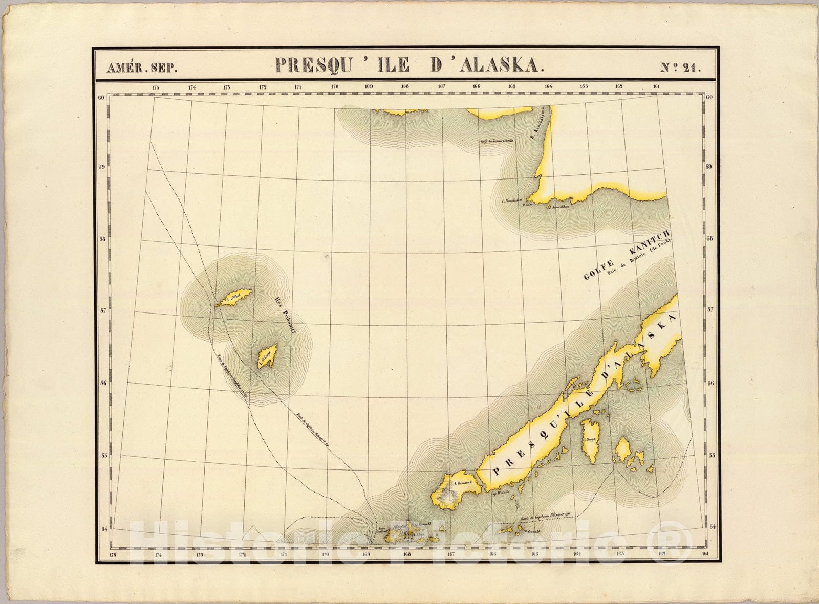 Historic Map : Presqu'ile d'Alaska. Amer. Sep. 21., 1827, Vintage Wall Art