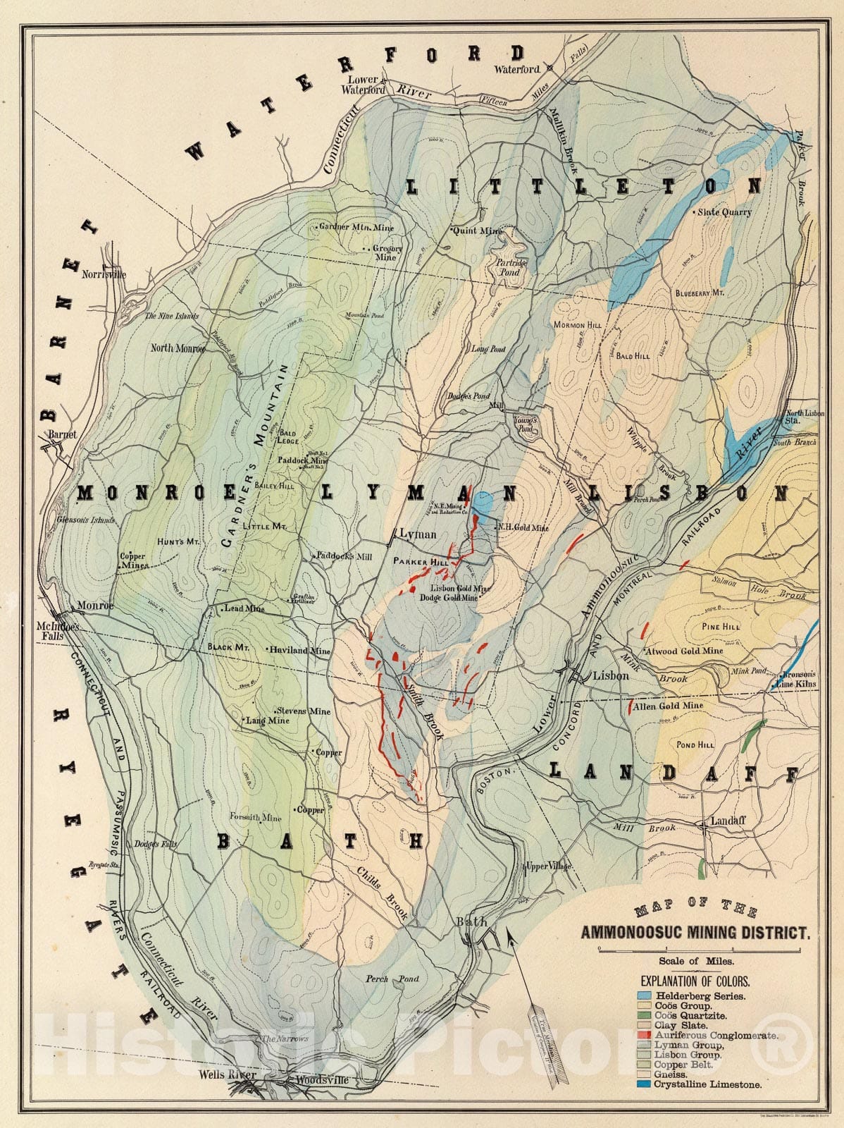 Historic Map : Map of the Ammonoosuc Mining District., 1878, Vintage Wall Art