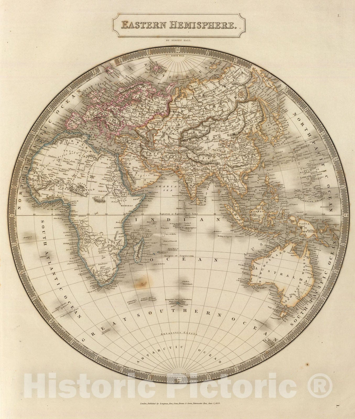 Historic Map : E. Hemisphere., 1829, Vintage Wall Art