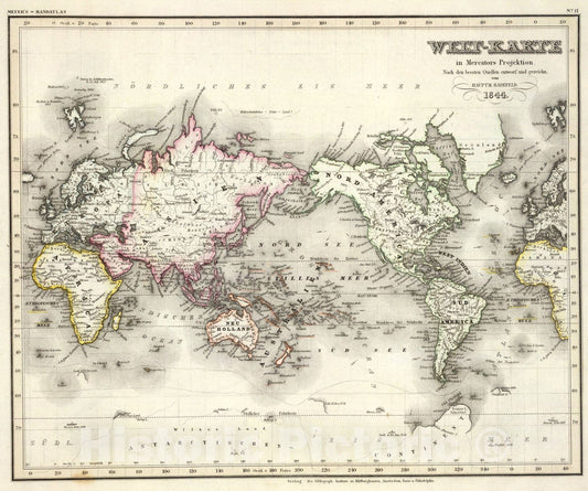 Historic Map : Welt-Karte, Mercators Proj., 1844, Vintage Wall Art