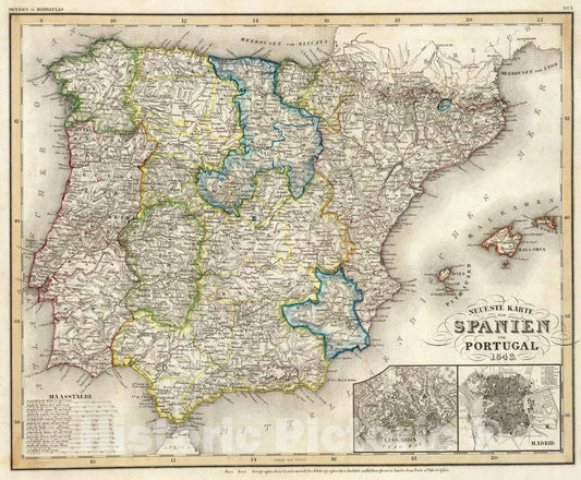 Historic Map : Spanien, Portugal., 1843, Vintage Wall Art