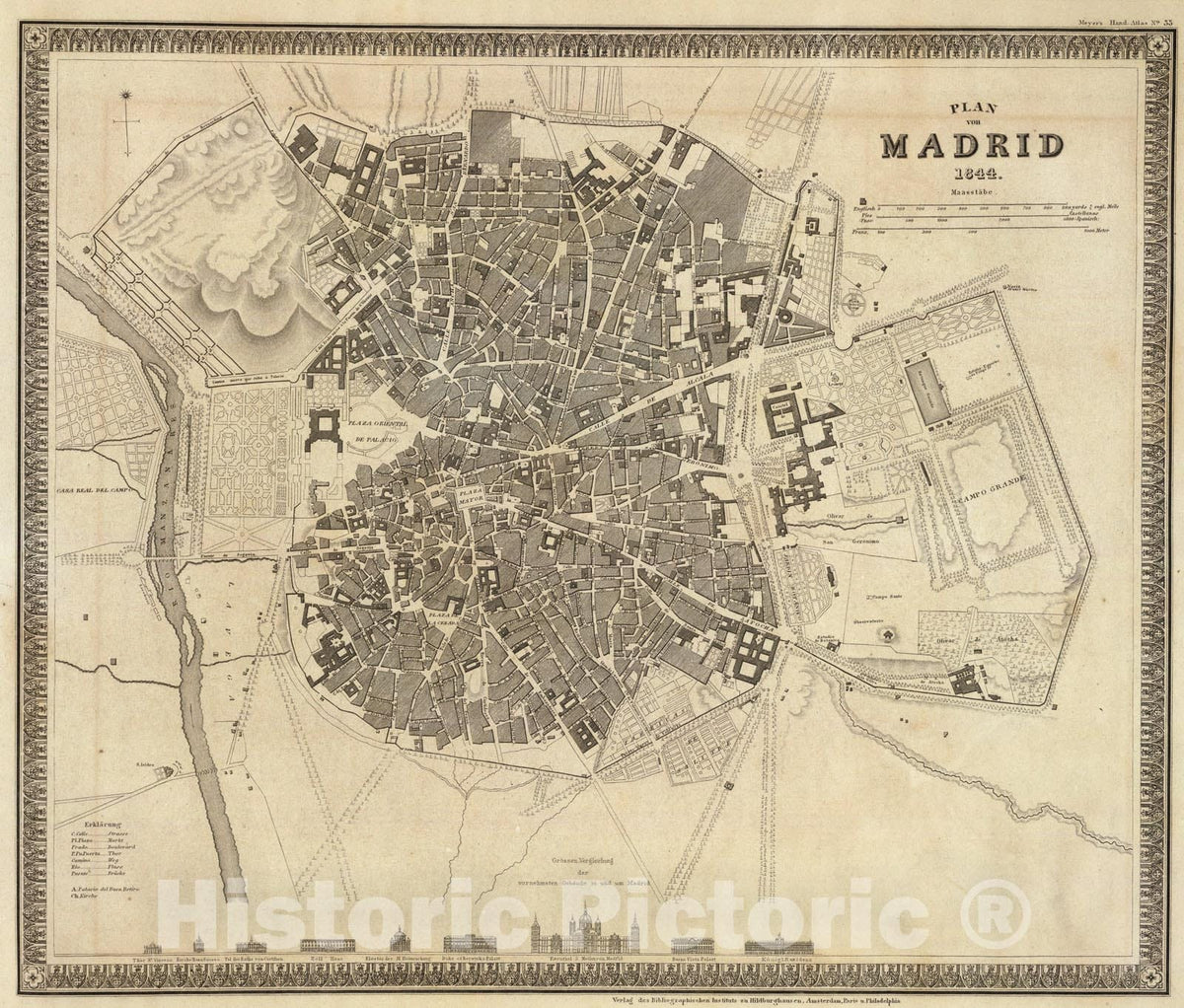 Madrid 1844 Historical City Plan - Meyer's Hand-Atlas Engraving