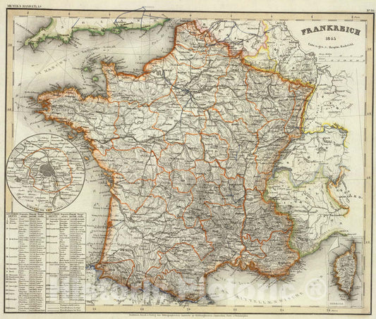 Historic Map : Frankreich., 1845, Vintage Wall Art