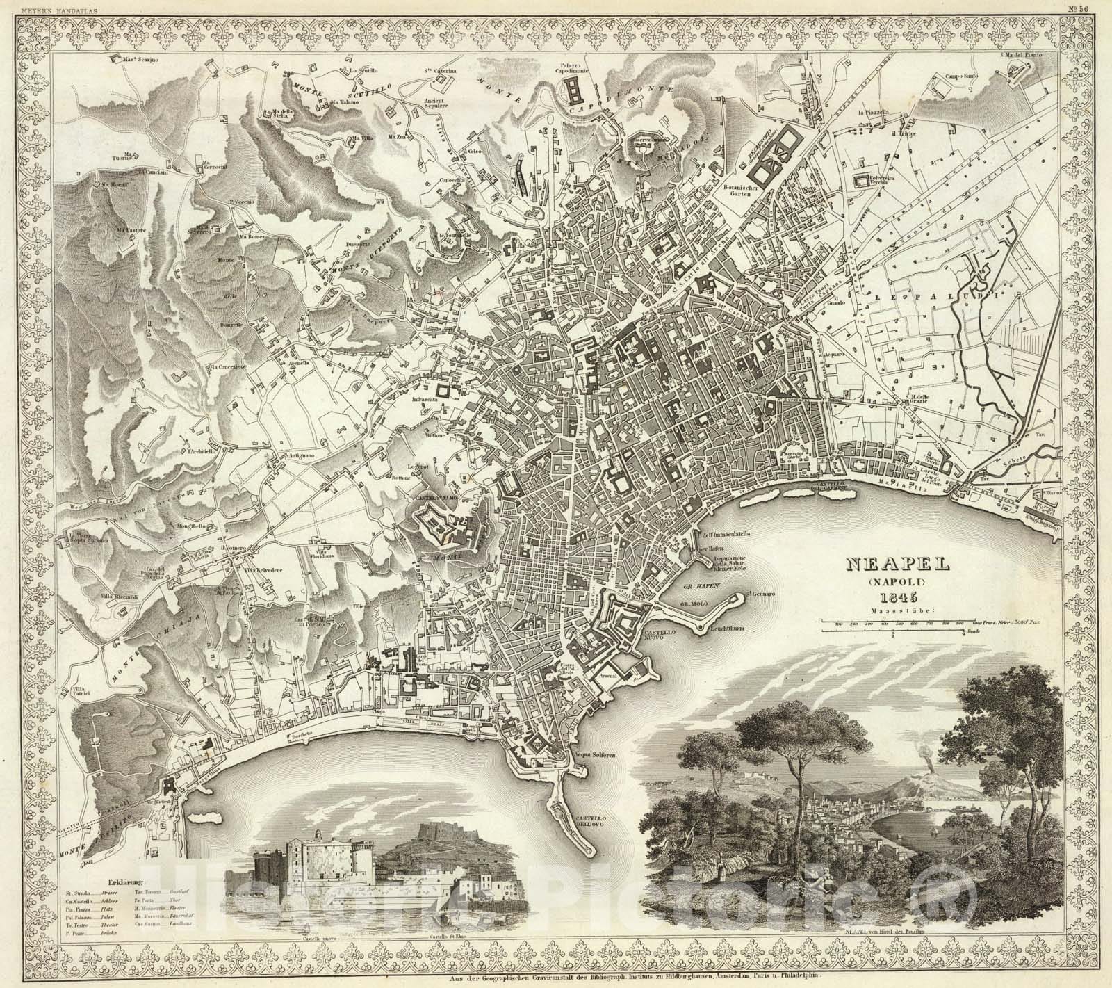 Naples, Italy 1845 - Historical Map Print from Meyer's Hand-Atlas