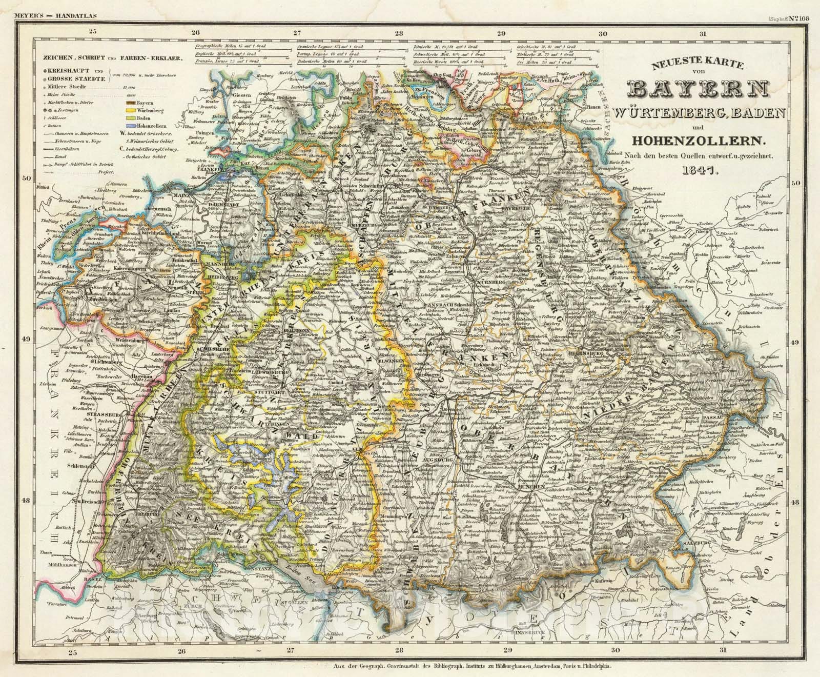 Historic Map : Bayern, Wurtemberg, Baden, Hohenzollern., 1847, Vintage Wall Art