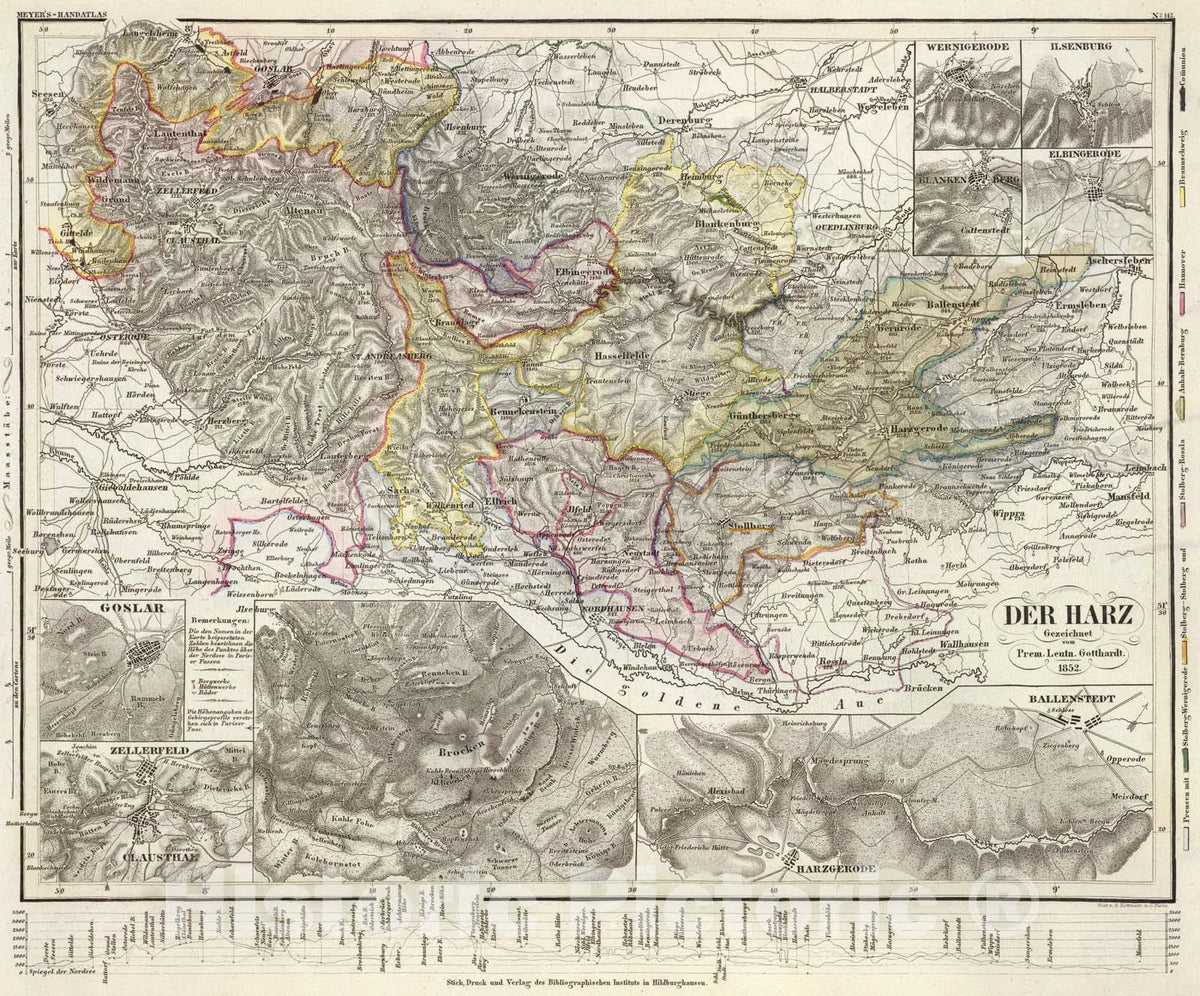 Historic Map : Der Harz., 1852, Vintage Wall Art