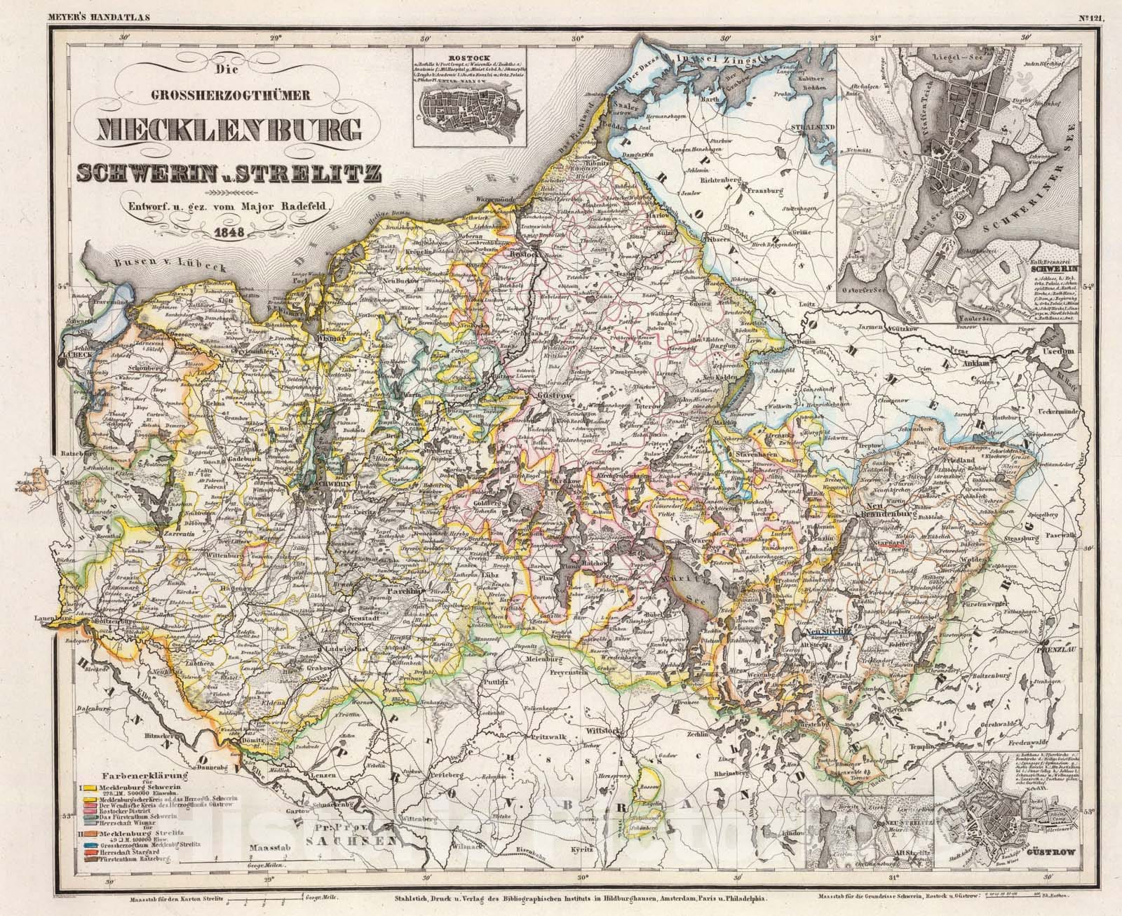Historic Map : Mecklenburg, Schwerin, Strelitz Grossherzogthumer., 1848, Vintage Wall Art
