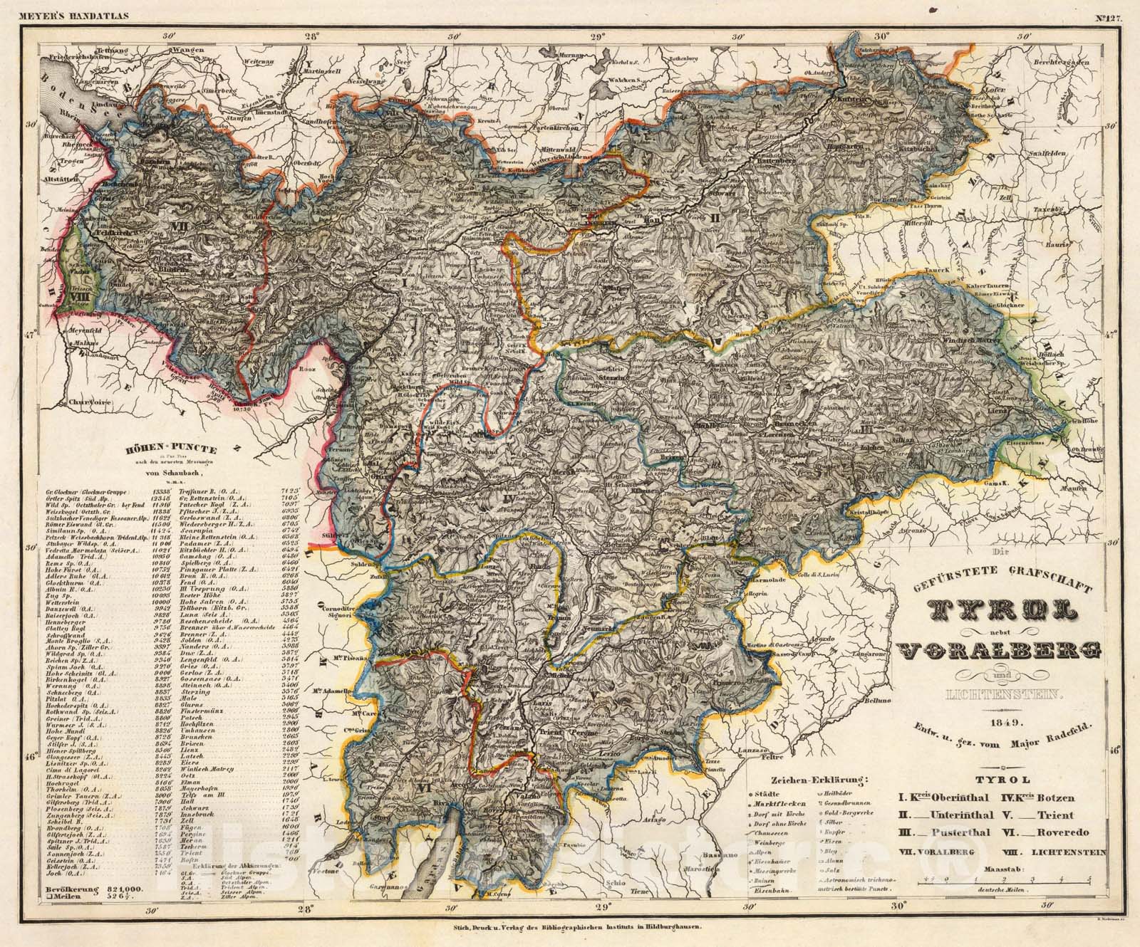 Historic Map : Tyrol, Voralberg, Lichtenstein., 1849, Vintage Wall Art