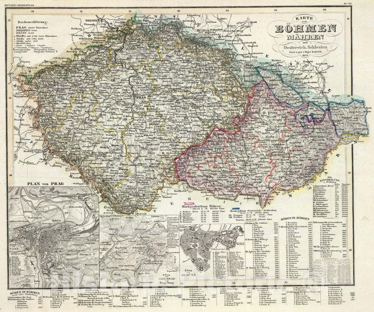 Historic Map : Bohmen, Mahren, Schlesien., 1853, Vintage Wall Art