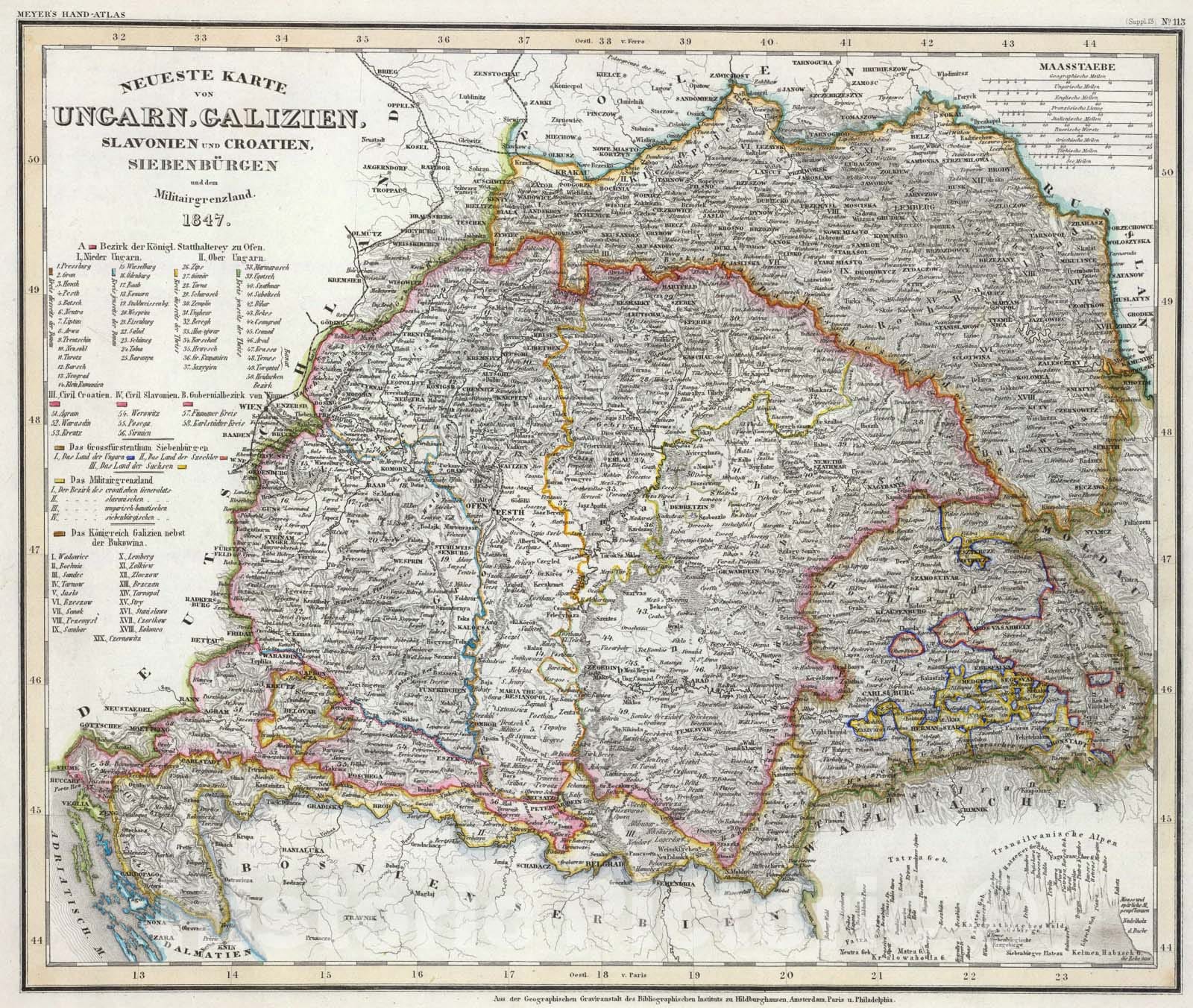 Historic Map : Ungarn, Galizien, Slavonien, Croatien, Siebenburgen., 1847, Vintage Wall Art