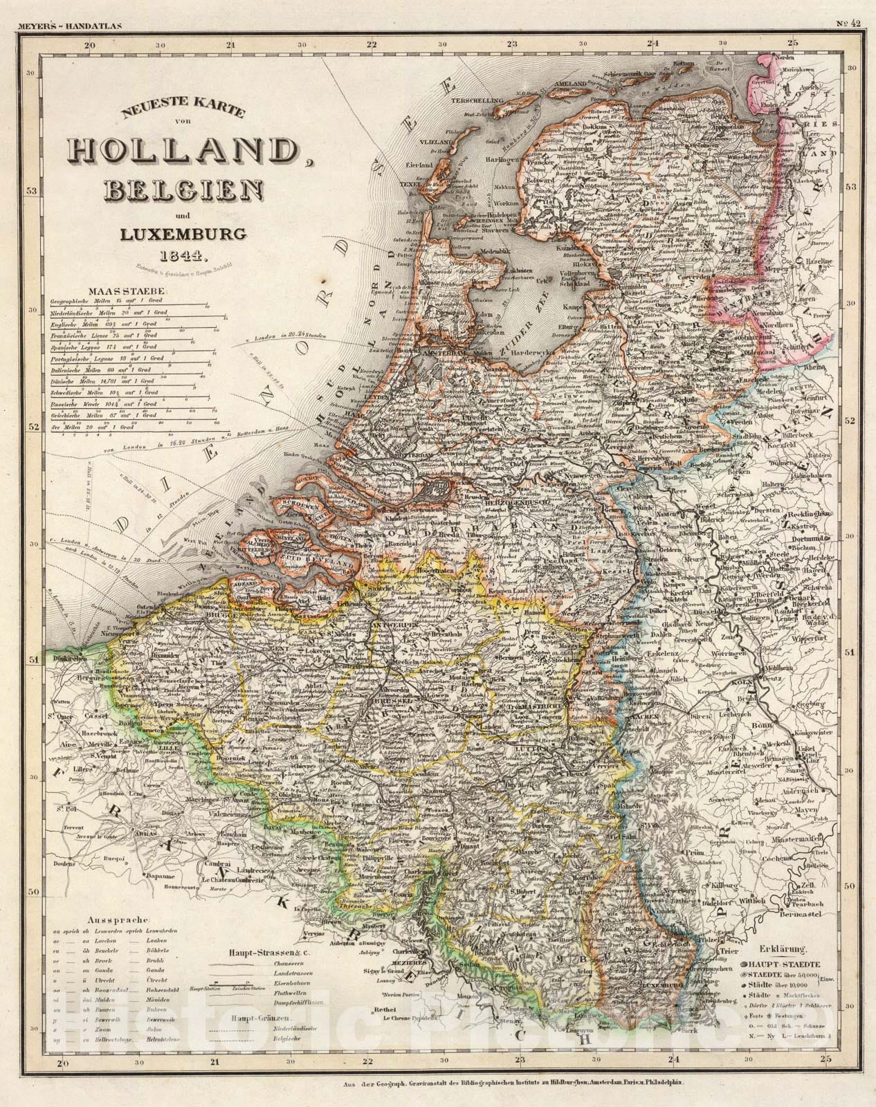 Historic Map : Holland, Belgien, Luxemburg., 1844, Vintage Wall Art