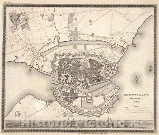 Historic Map : Copenhagen, Kiobenhaven., 1844, Vintage Wall Art