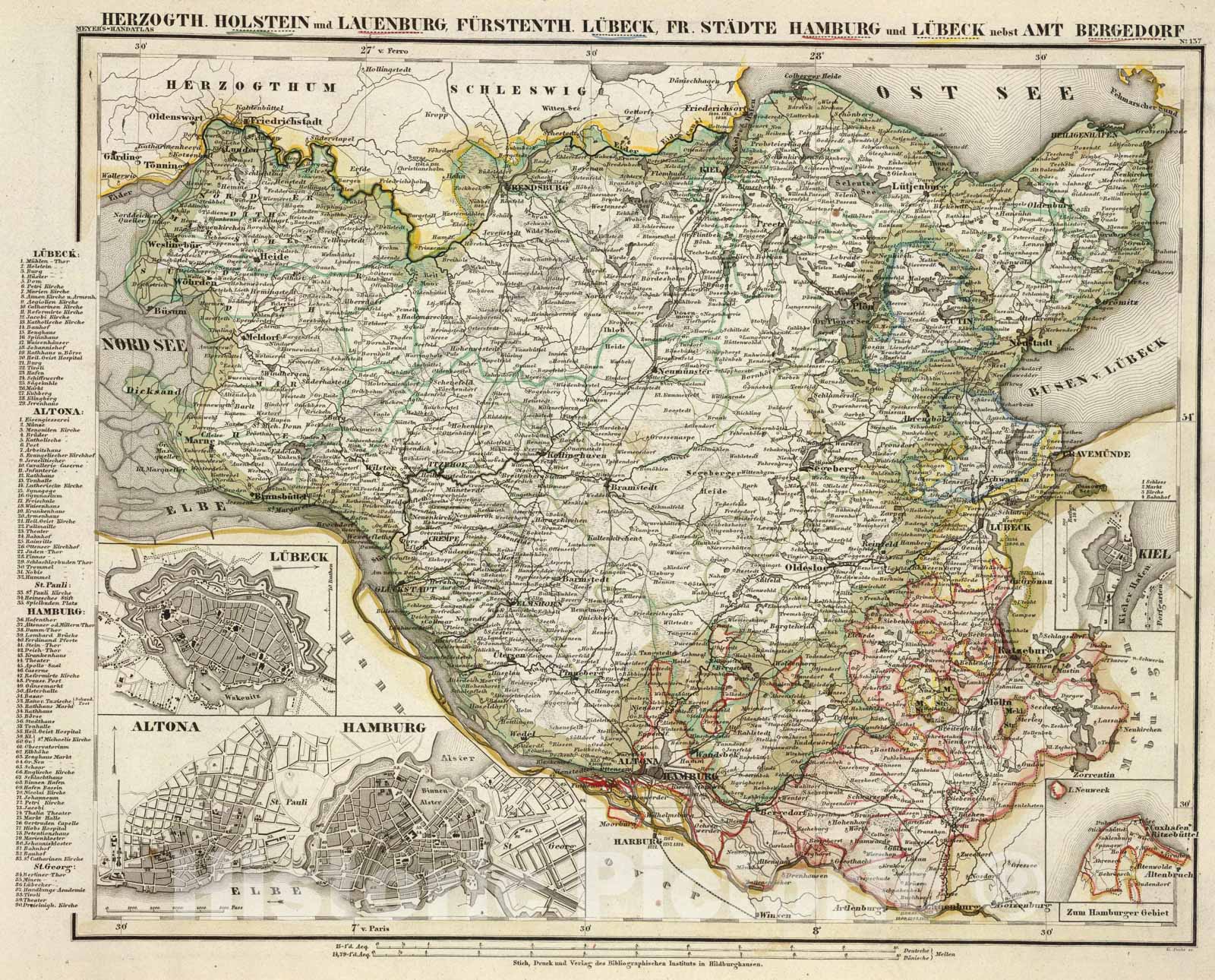 Historic Map : Holstein, Lauenburg, Lubeck, Hamburg., 1860, Vintage Wall Art