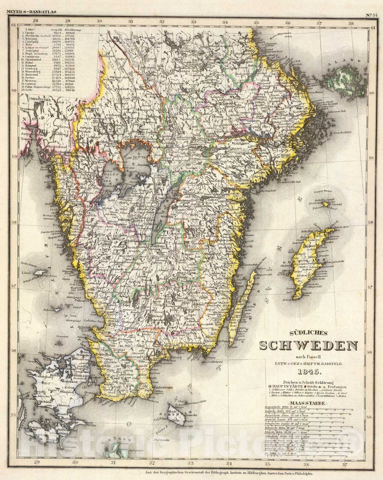 Historic Map : Sud. Schweden., 1845, Vintage Wall Art