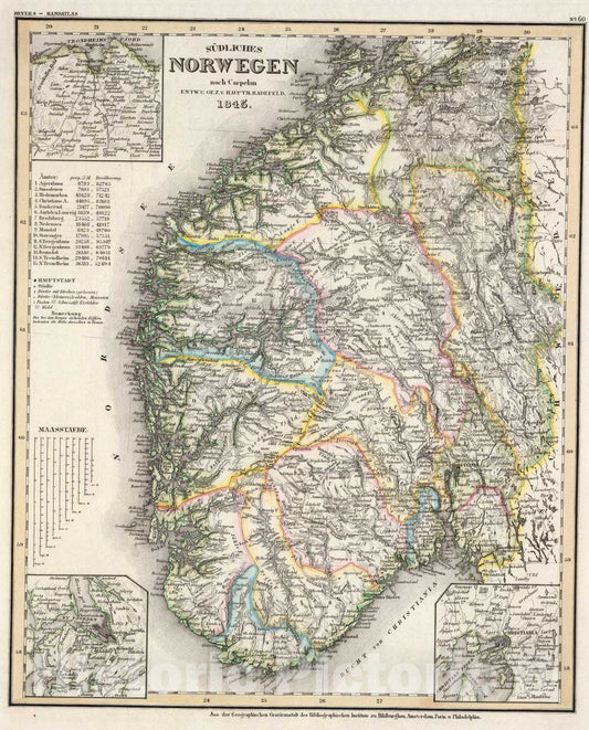 Historic Map : Sud. Norwegen., 1845, Vintage Wall Art