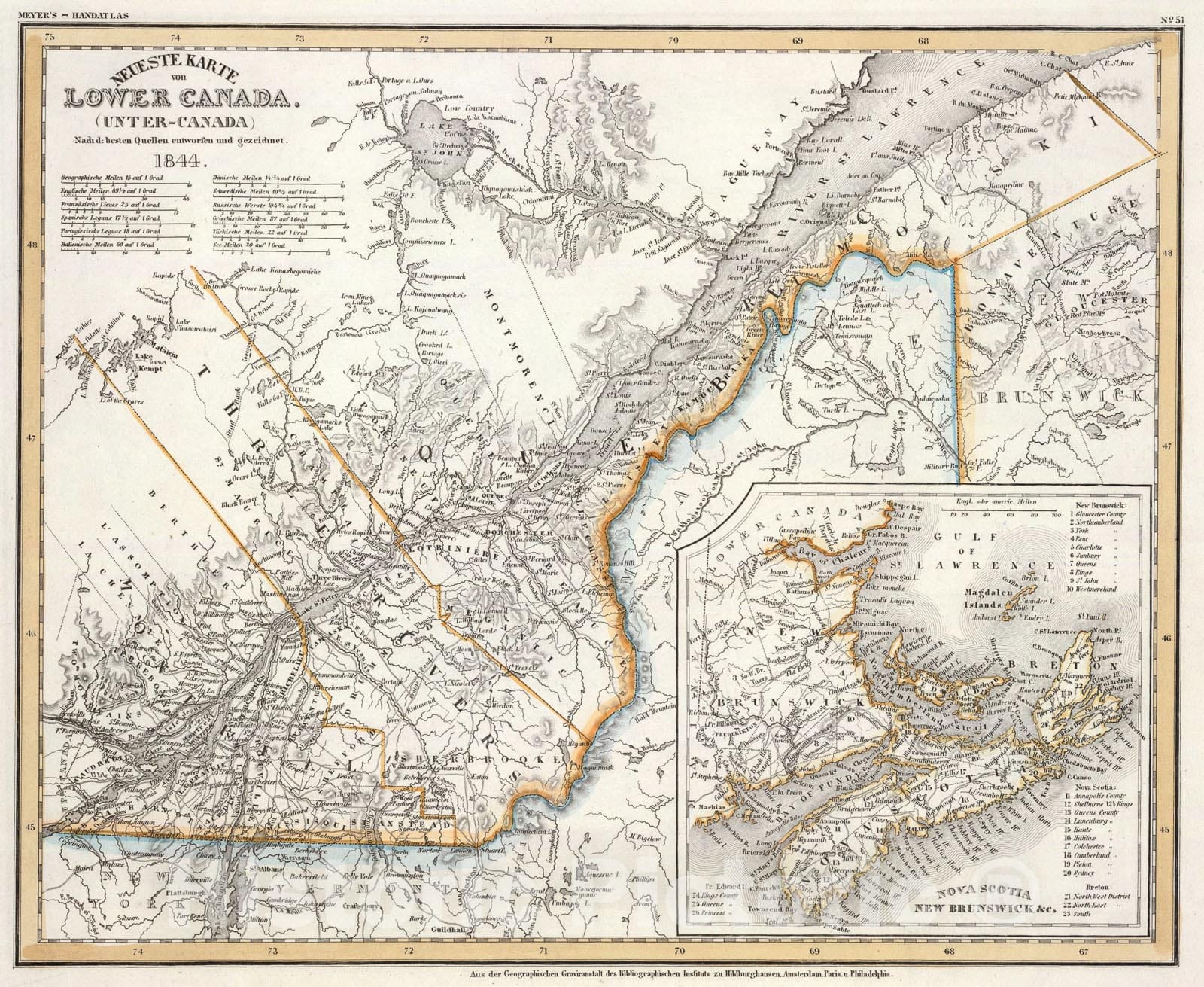 Historic Map : Lower Canada, N.S., N.B., 1844, Vintage Wall Art