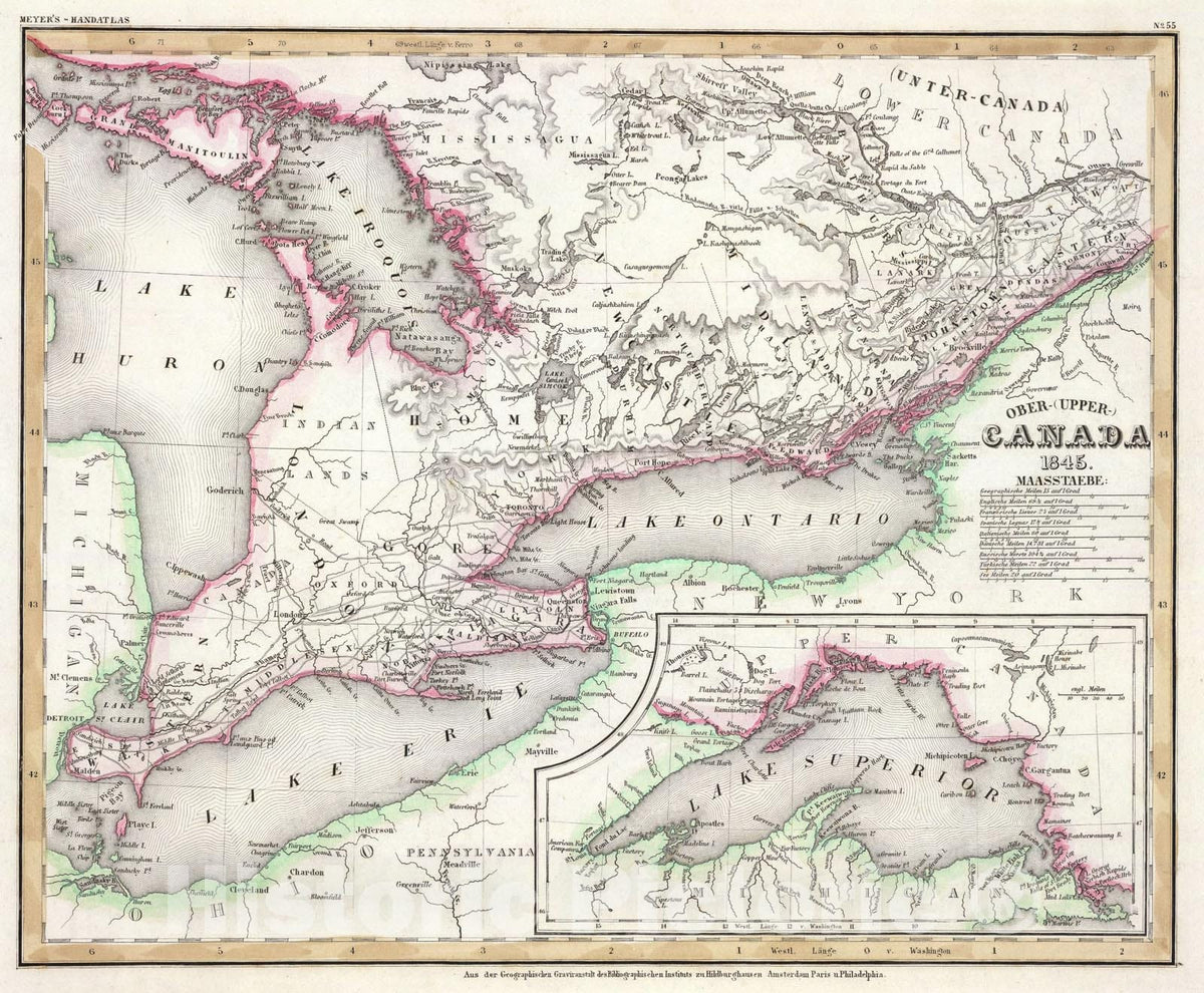 Historic Map : Ober-Canada., 1845, Vintage Wall Art