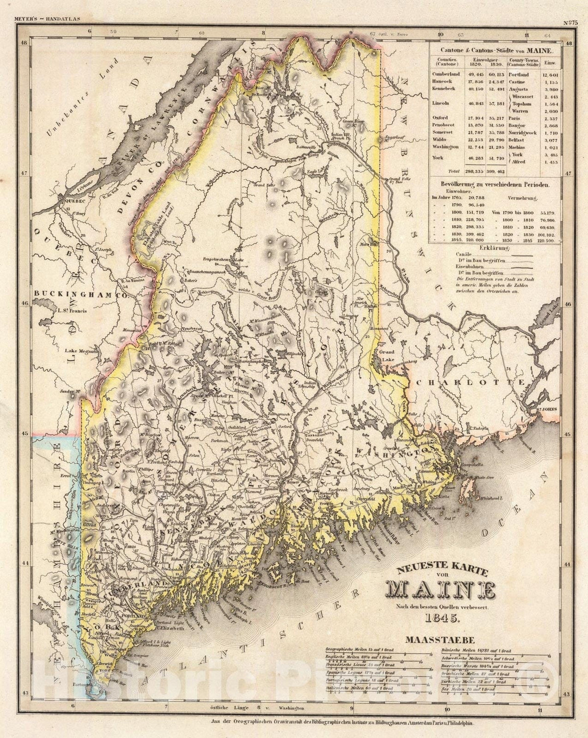 Historic Map : Maine., 1845, Vintage Wall Art
