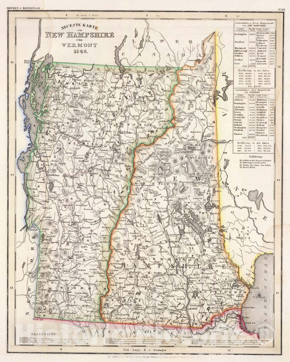 Historic Map : N.H., Vermont., 1846, Vintage Wall Art