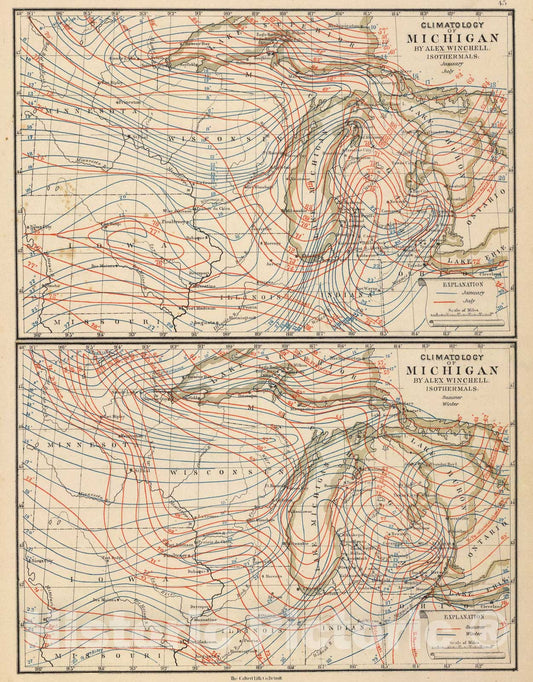 Historic Map : Climatology of Michigan ... isothermals January, July, summer, winter., 1873, Vintage Wall Art