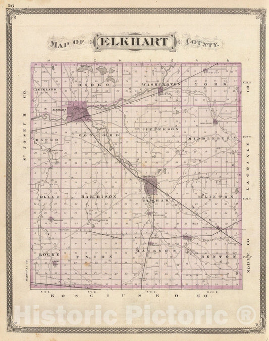 Historic Map : Map of Elkhart County., 1876, Vintage Wall Art