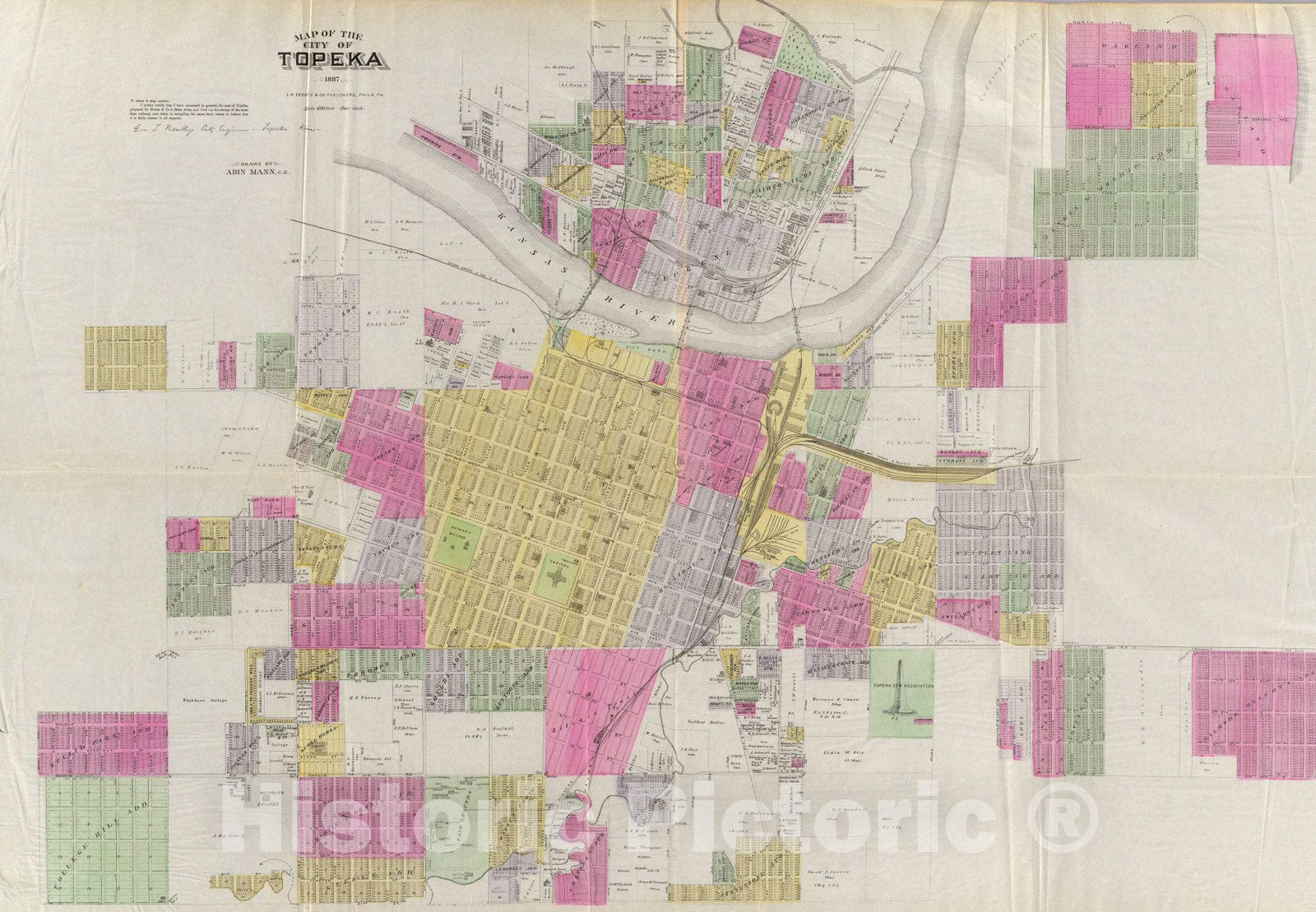Historic Map : Map of the City of Topeka., 1887, Vintage Wall Art